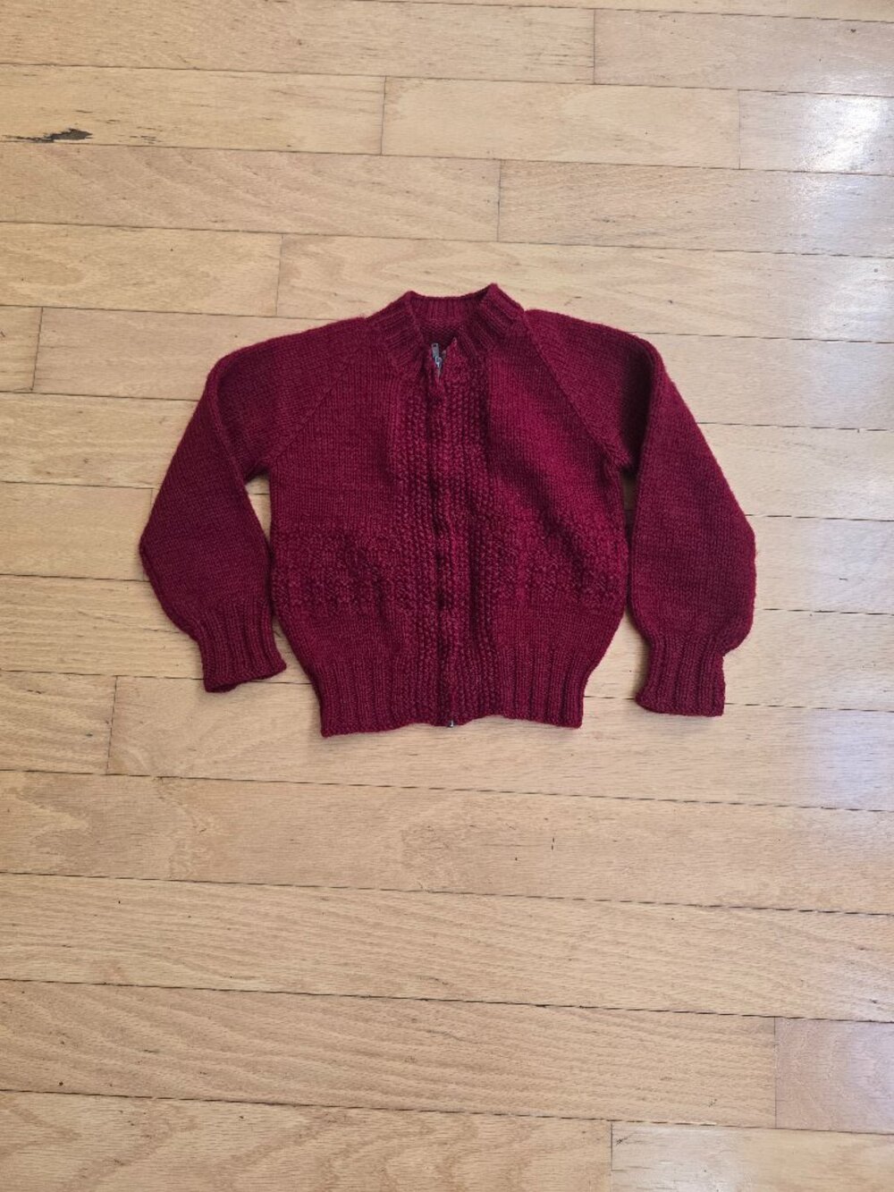 Vintage 60s  Red Hand Knit Heavyweight Wool Cable Knit Full-Zip Cardigan Sweater